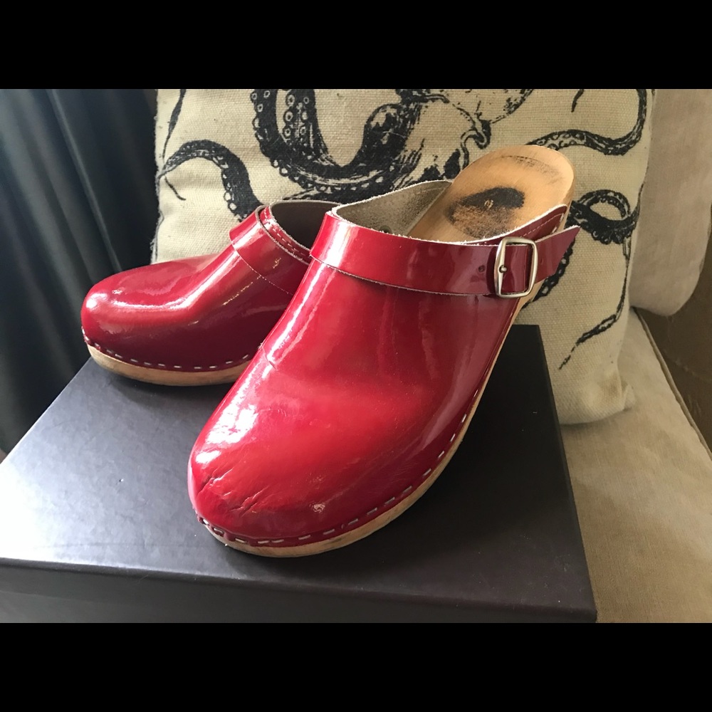 Red patent leather Swedish Clogs size 40.